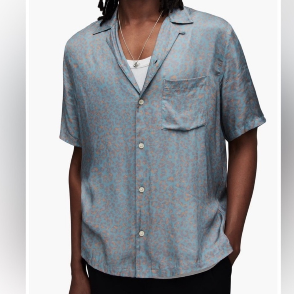 Allsaints Inverse Leopard Print Camp Shirt Relaxed Fit Short Sleeve Button Up Lg
